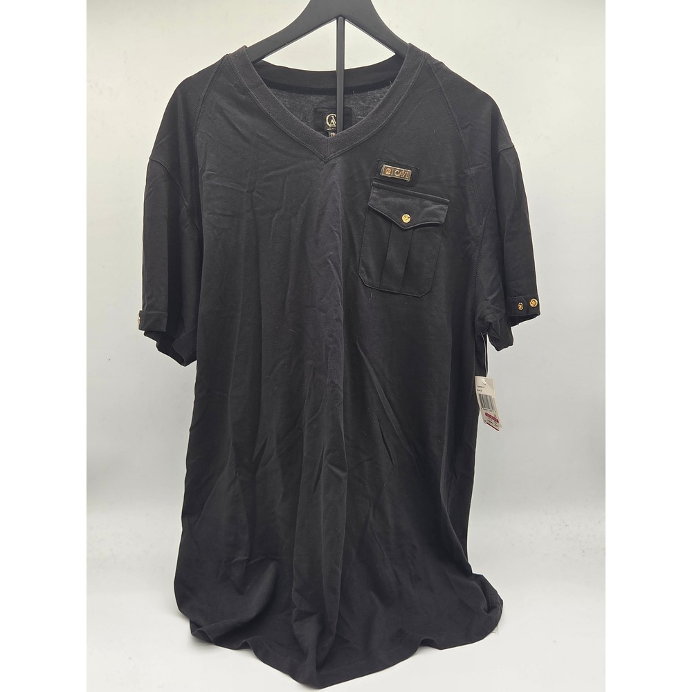 CAVI Men's 2XL Black 100% Cotton V-Neck Pocket Shirt Gold Hardware 101-804
